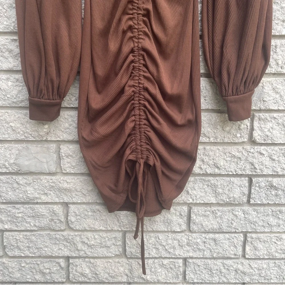 Pretty Little Thing Brown Ribbed Balloon Sleeve Ruched Bodycon Dress XS - Picture 5 of 8